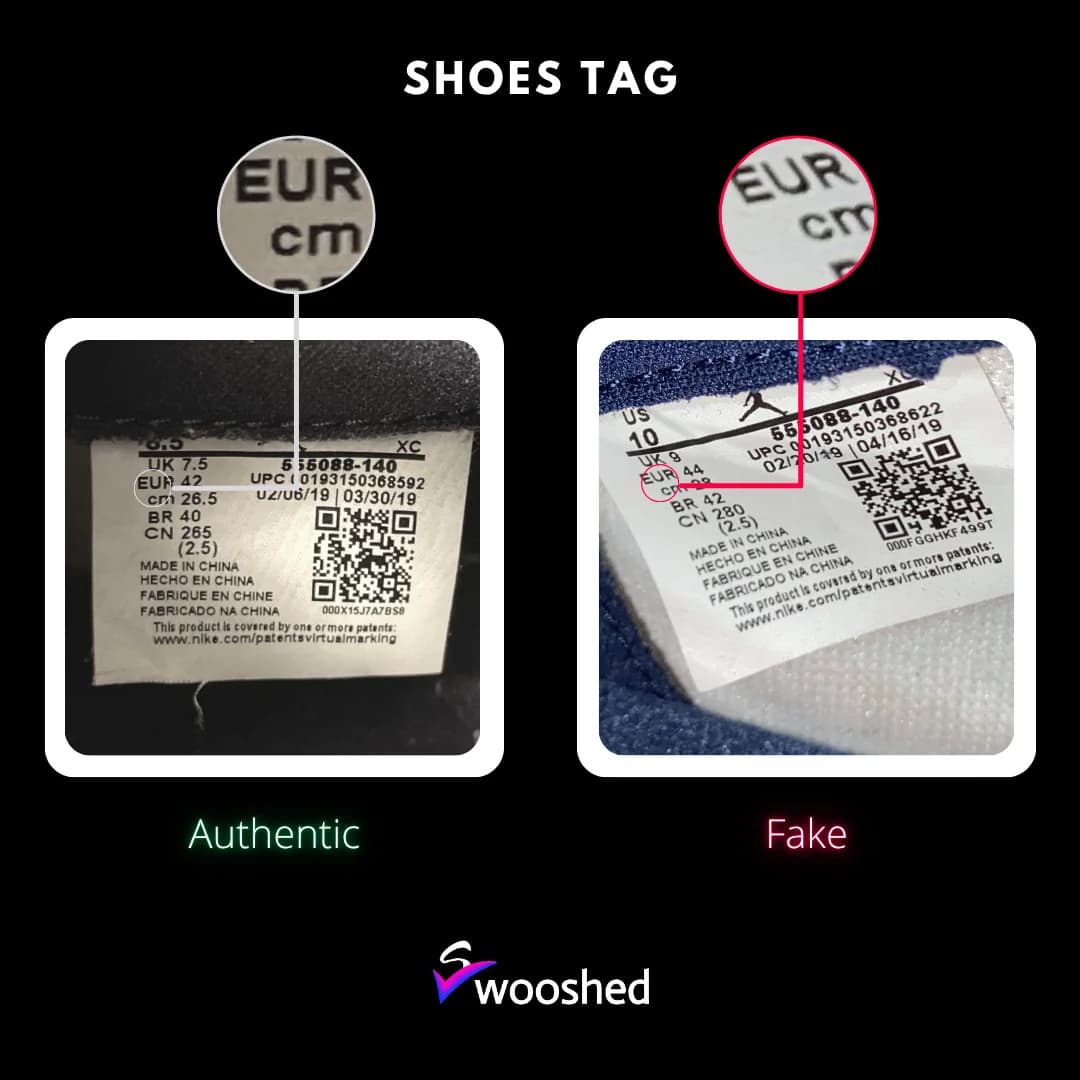 Jordan 1 Obsidian UNC authentic and fake shoe-label comparison