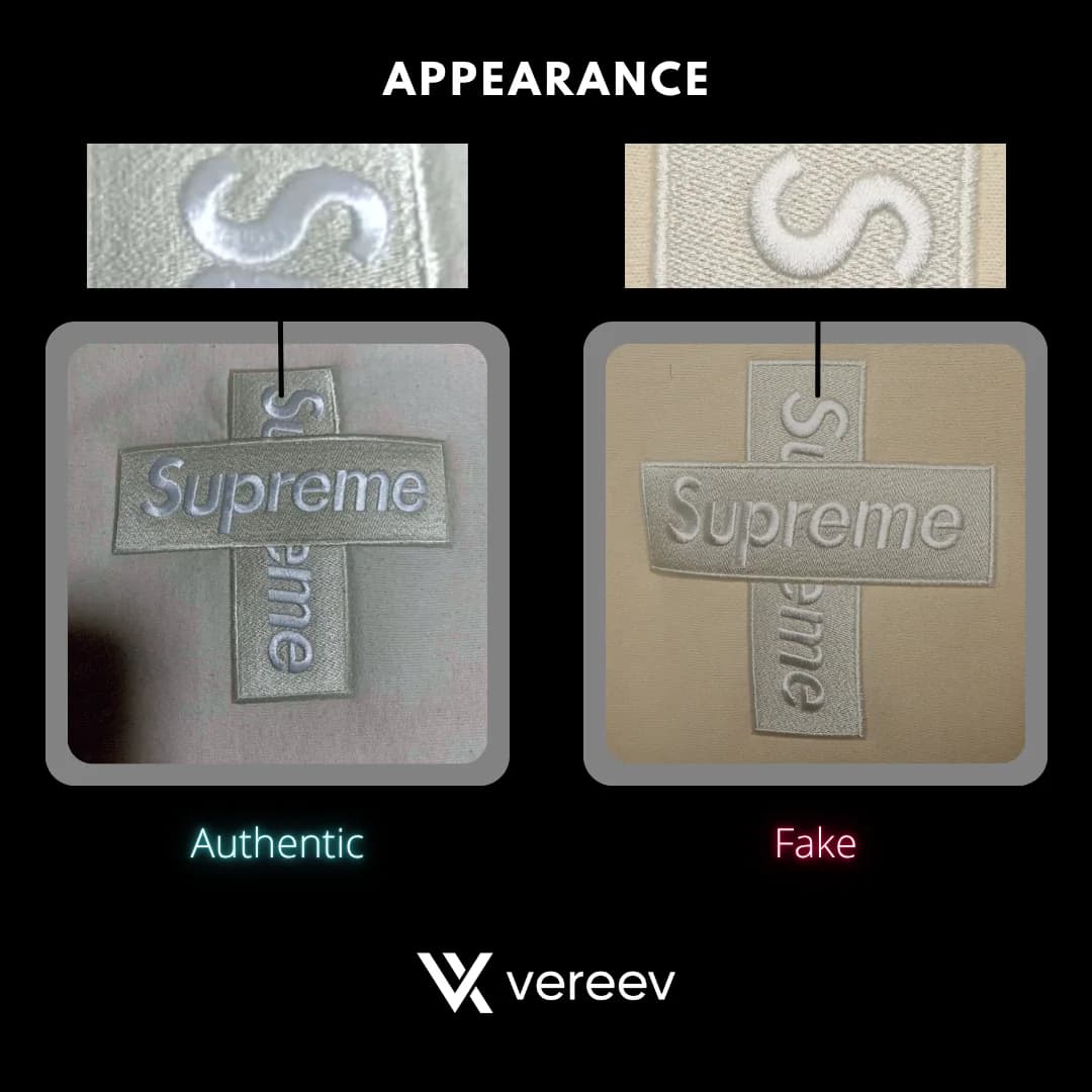 Supreme Cross Box Logo authentic and fake embroidery