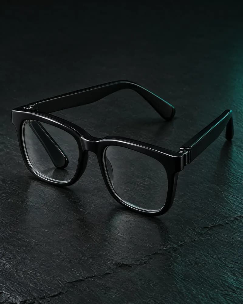 Illustration of a pair of black acetate glasses with clear lenses and plain temples on a dark slate surface