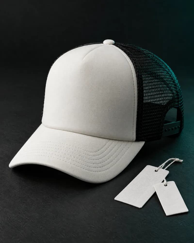 Illustration of a plain trucker hat with an off-white foam front and black mesh back, with two blank tags beside it