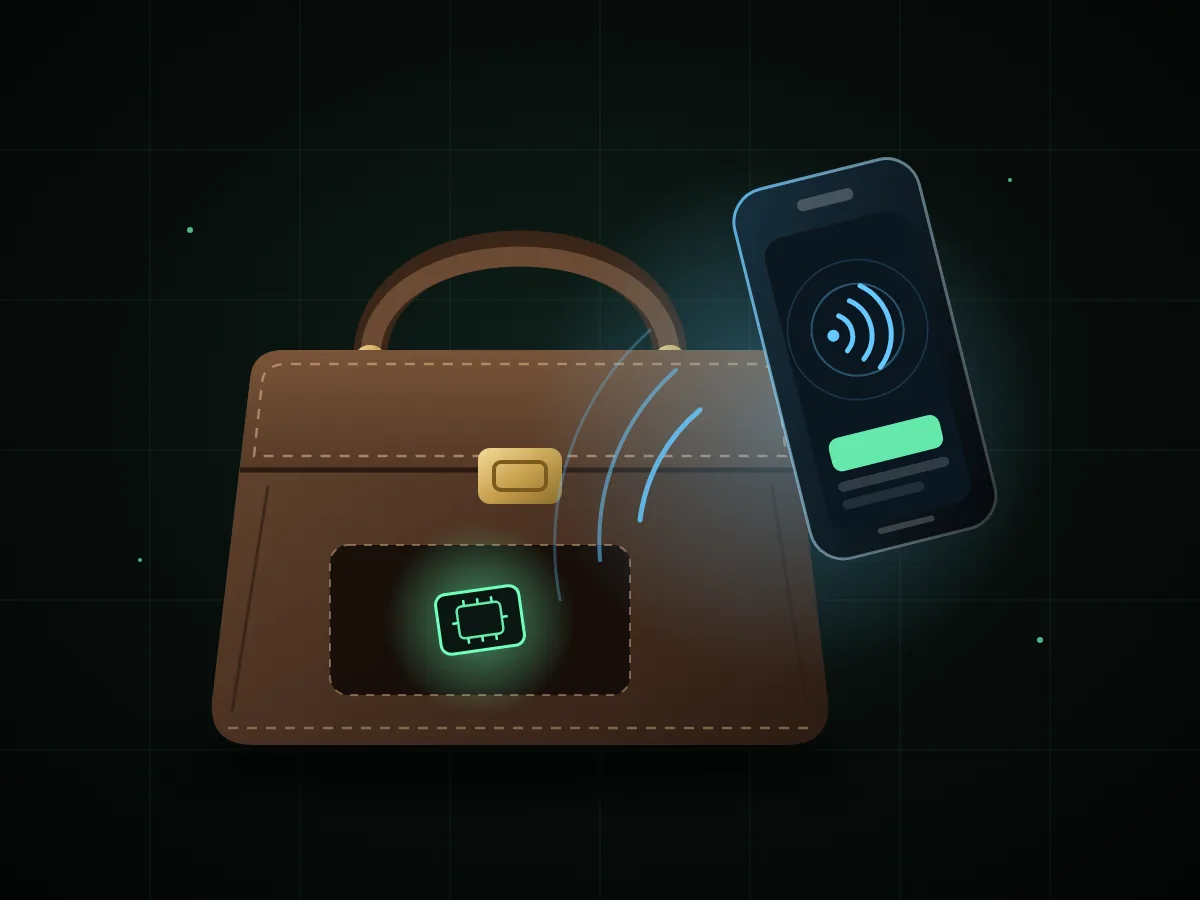 Illustrazione di uno smartphone avvicinato a una borsa di lusso, con onde NFC che raggiungono un piccolo chip all'interno della borsa