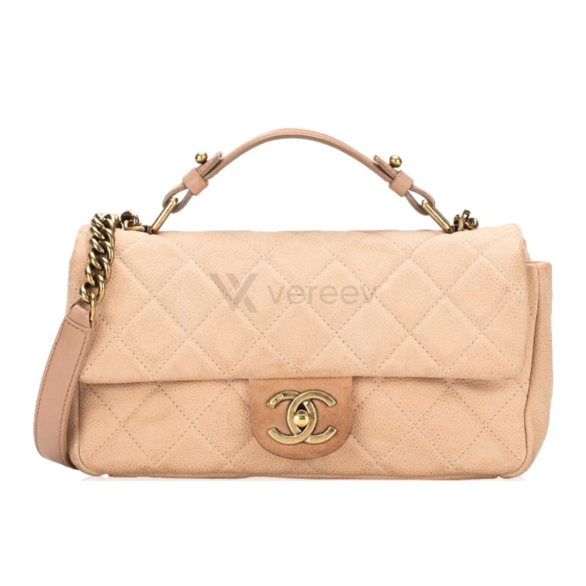 Sample photo 1, Front Appearance: the front of a beige quilted Chanel flap bag with a top handle and chain strap