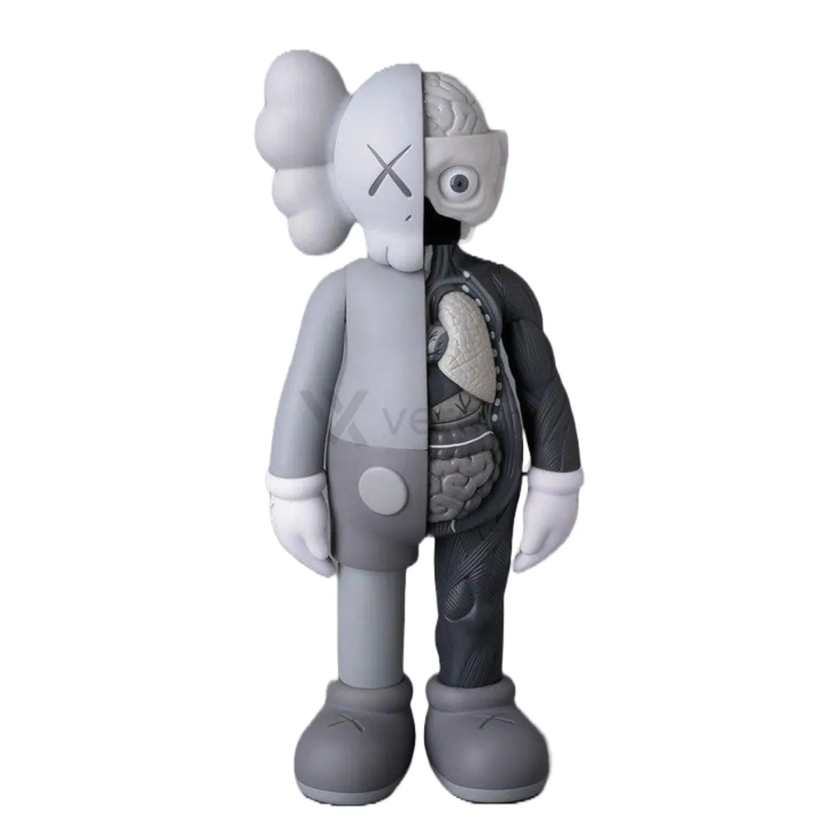 Sample photo 1, Full Appearance: a grey KAWS Companion figure from the front, half of it shown with exposed anatomy