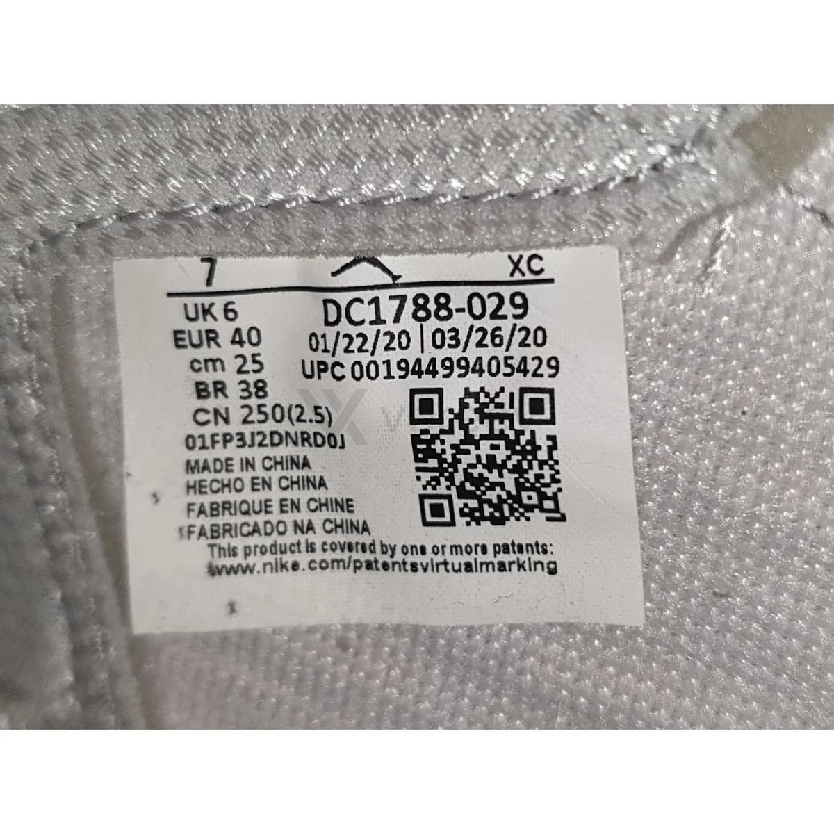 Sample photo 3, Size Label: the size label inside the shoe, showing style code DC1788-029 and production dates