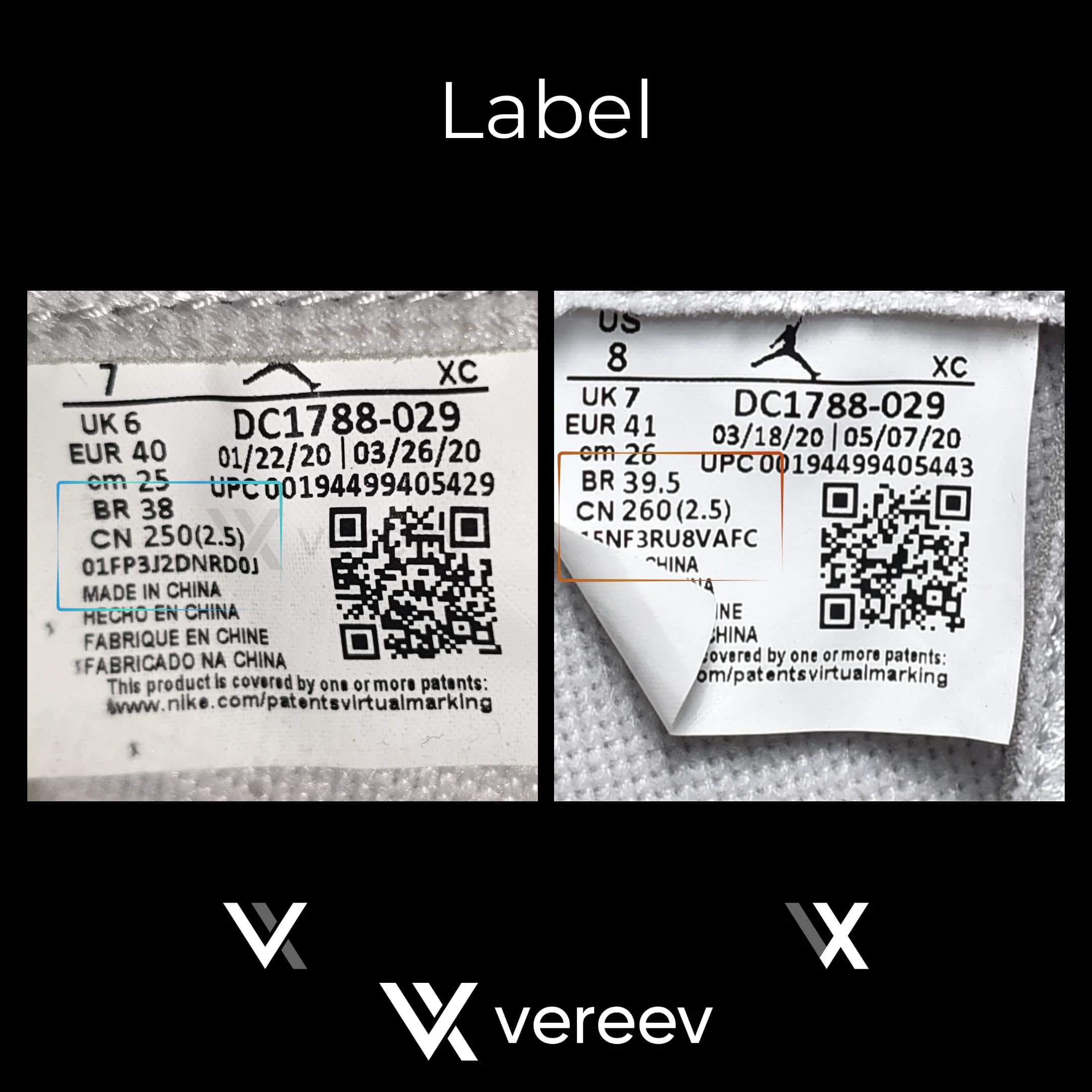 Air Jordan 1 CO.JP Neutral Grey authentic and replica size label comparison