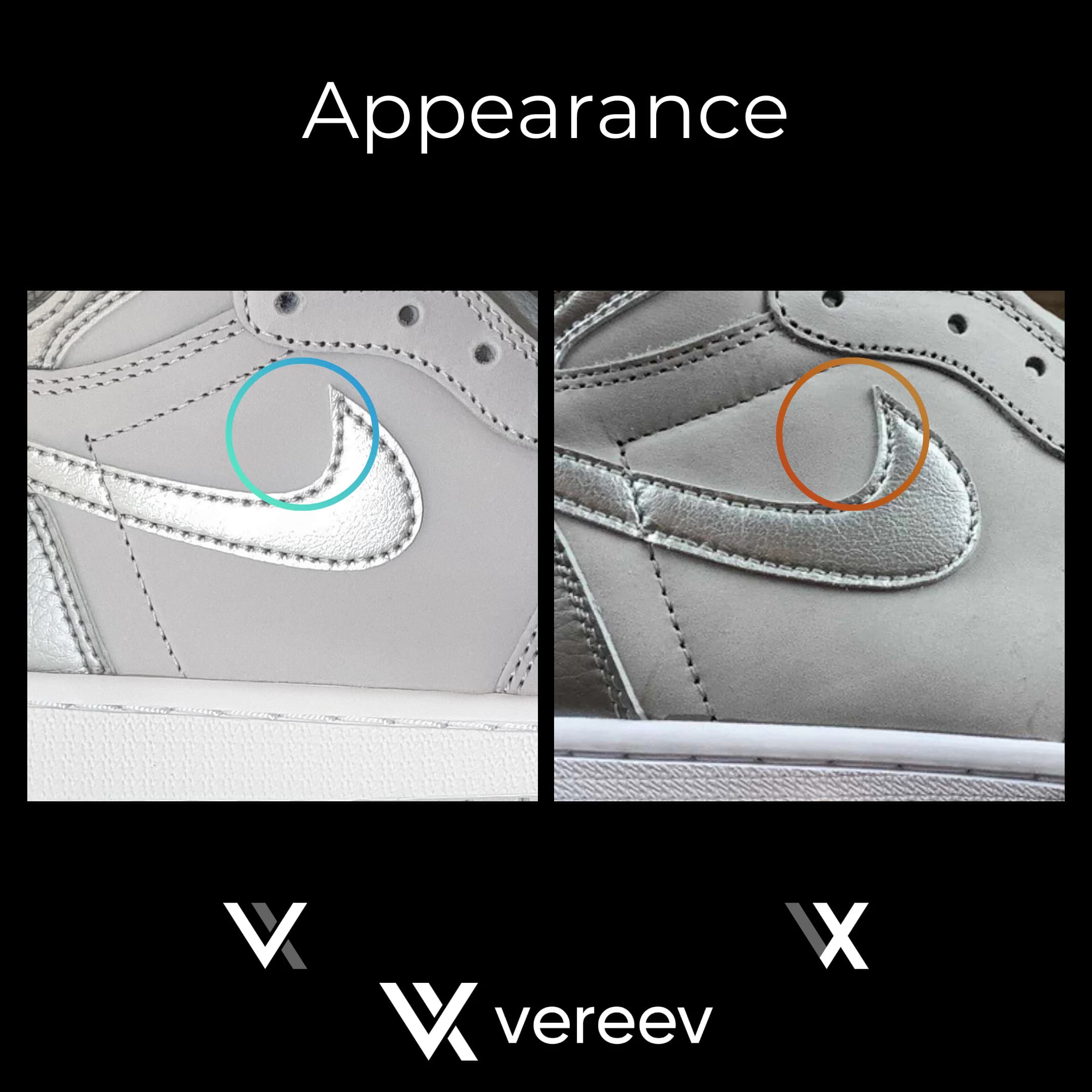 Real vs fake Air Jordan 1 CO.JP Neutral Grey metallic Swoosh tip