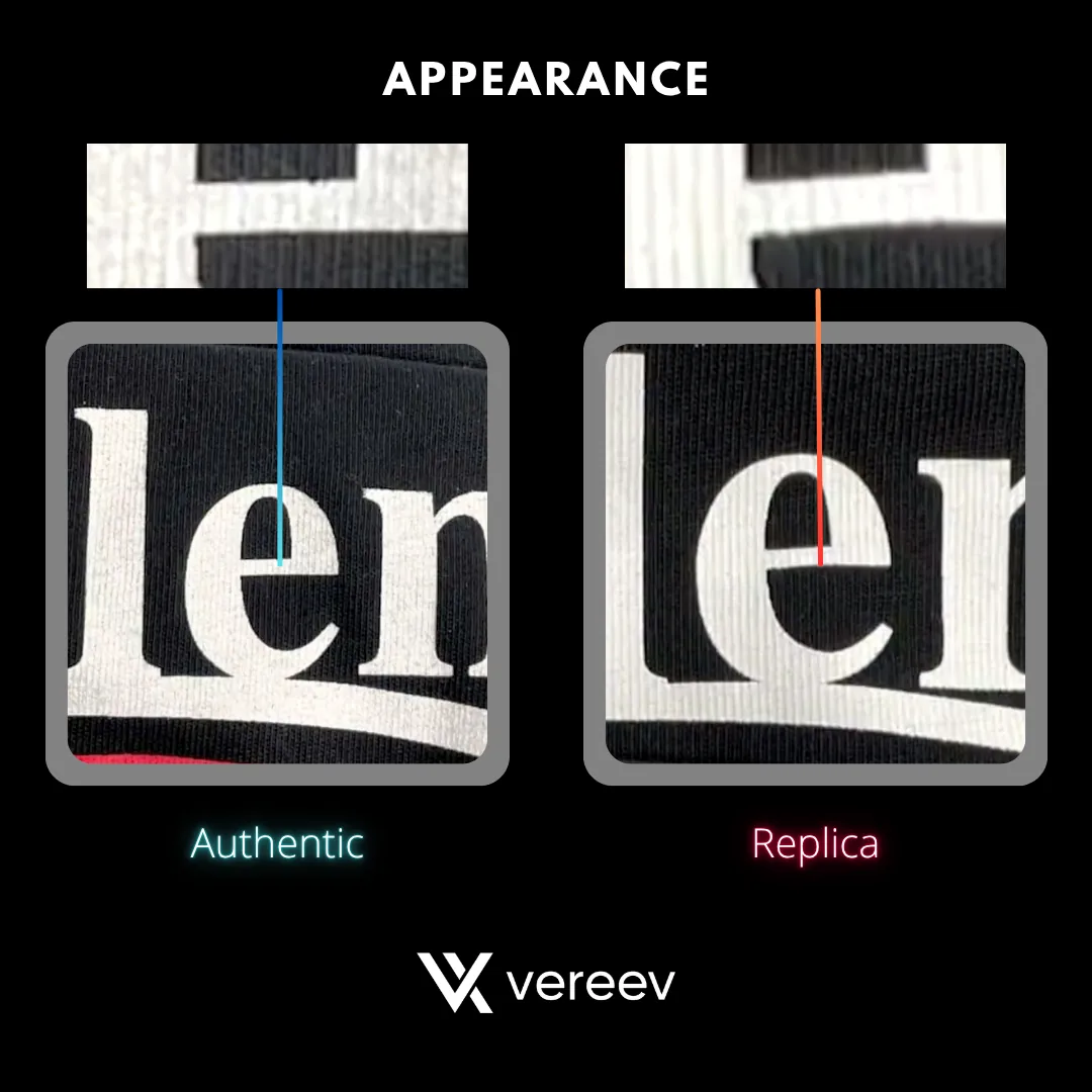 Authentic and replica Balenciaga Political Campaign logo print, close-up of the letter e