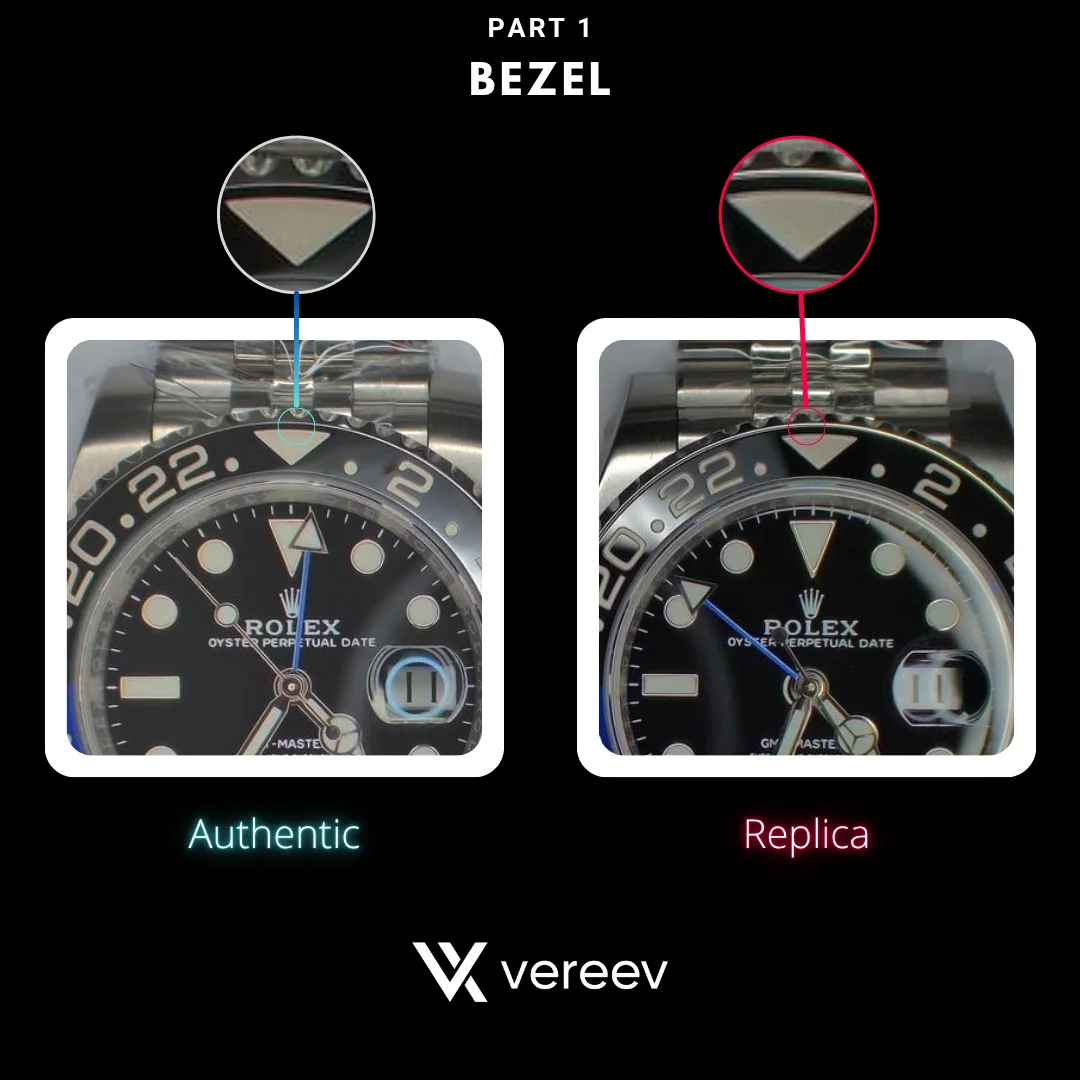 Rolex GMT-Master II Batman authentic and replica bezel triangle comparison