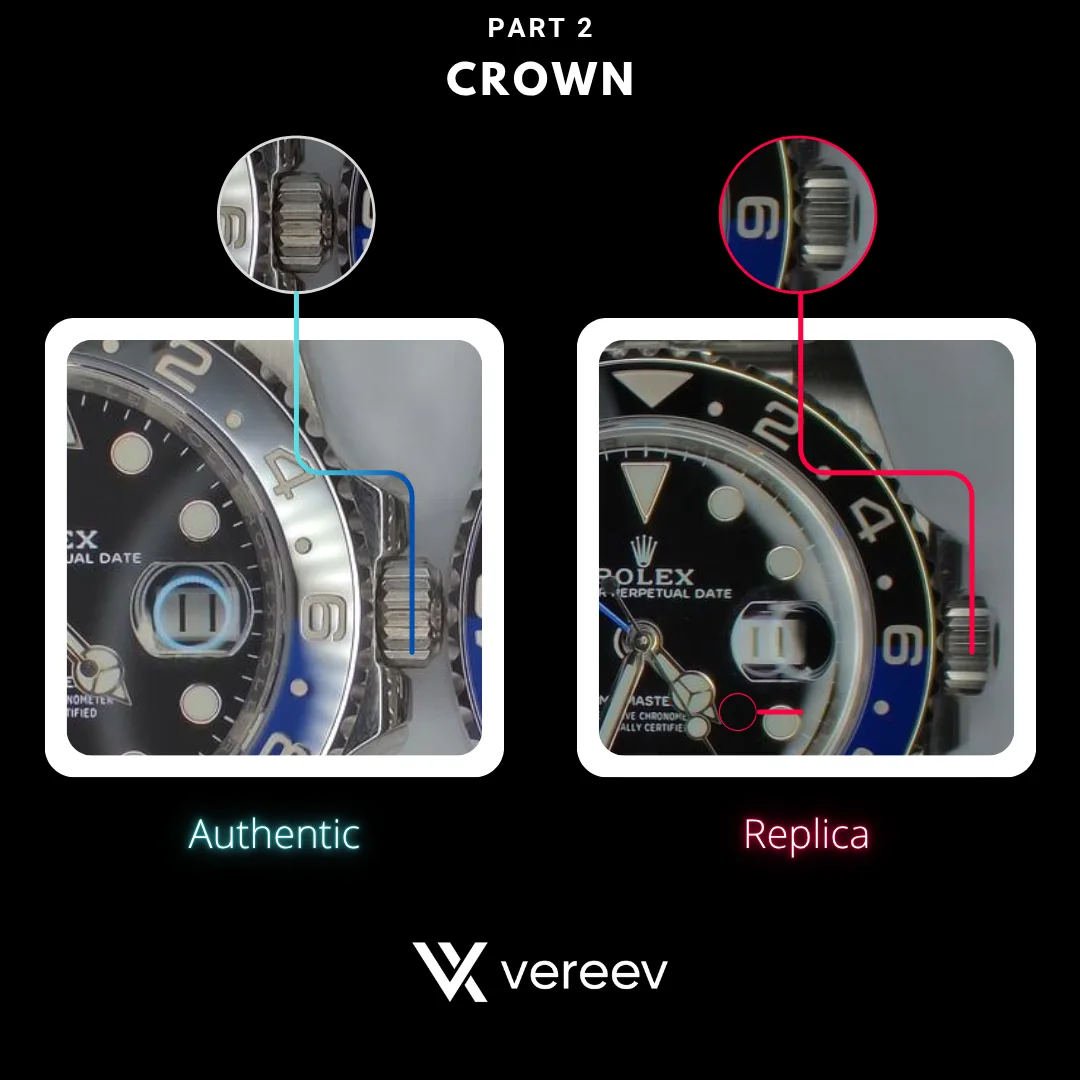 Rolex GMT-Master II Batman authentic and replica crown comparison